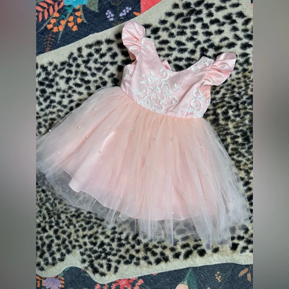 Pink pearl tutu dress 2T toddler baby girl princess baptism wedding formal lace